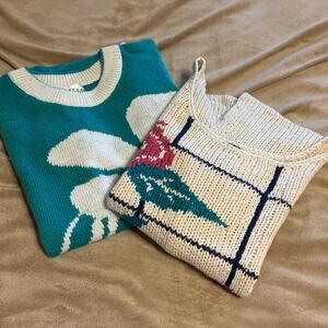 Lot 2 Vintage Knit 1980s Sweaters Floral Sleeveless M Memphis Jones Silk Blend